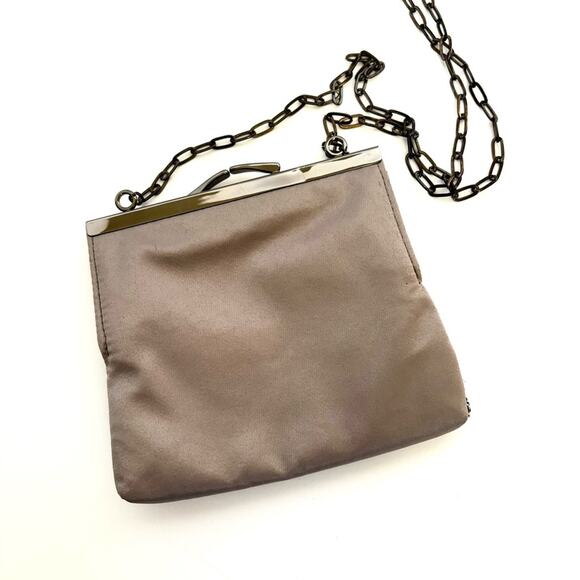 Gold Sequin Evening Bag, Beaded Clutch, Taupe Fabric, Chain Strap, 5 x 6 - Picture 3 of 9